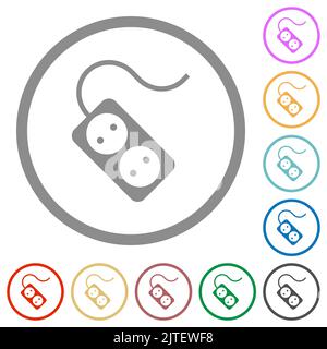 Presa elettrica portatile con due prese e icone di colore piatto e solido con contorni arrotondati su sfondo bianco Illustrazione Vettoriale