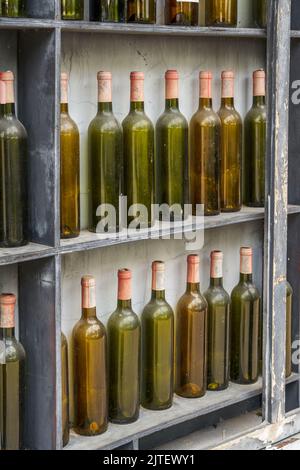 Mucchio di bottiglie di vino rosso vuote nella vetrina all'aperto Foto Stock