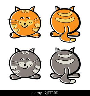Serie di icone. Cartone animato gatto, anteriore e posteriore. Bella illustrazione isolata su sfondo bianco Illustrazione Vettoriale
