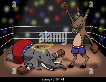 Il democratico Donkey è in piedi in vittoria sul repubblicano Elephant in un anello di pugilato. Cartoon politico degli Stati Uniti. Foto Stock