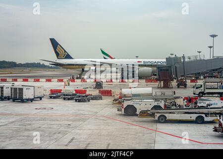 Changi, Singapore - 28 ago, 2019: Aereo di linea al cancello che è preparato per decollo con molti veicoli di servizio parcheggiati e carico. Foto Stock