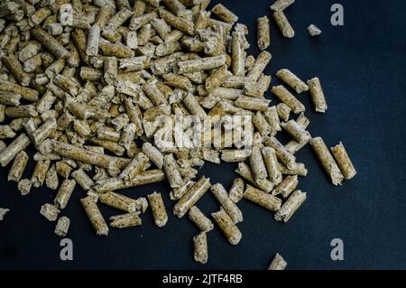 gruppo di pellet di legno per riscaldamento su sfondo scuro con spazio per testo Foto Stock