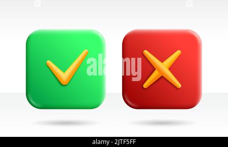 Accettare e rifiutare i pulsanti di rendering del vettore 3D. Spuntare il segno di spunta e i segni di croce sugli sfondi delle icone dell'app verdi e rosse. Forme rettangolari arrotondate per il Web e. Illustrazione Vettoriale