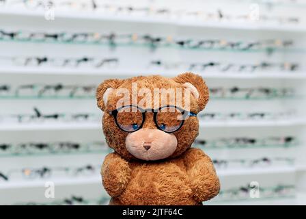 peluche giocattolo in occhiali sopra negozio occhiali Foto Stock