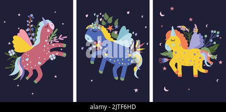 Collezione simpatici unicorni con fiori colorati e foglie. Composizione di fata, può essere usata come creazione di scheda, banner, compleanno e altre feste. Illustrazione vettoriale. Illustrazione Vettoriale