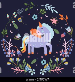Sfondo con simpatico unicorno in corona di fiori e foglie brillanti. Fata Unicorno, può essere utilizzato come la creazione di carte, banner, compleanno e altre vacanze. Illustrazione vettoriale. Illustrazione Vettoriale