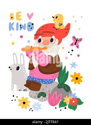 Grazioso gnomes del giardino poster. Personaggio cartoon gnomico che gioca flauto. Animali e fiori divertenti. Fiaba uomo anziano barbuto in berretto rosso. Nana favolosa Illustrazione Vettoriale