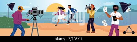 Processo di produzione dei filmati. Ripresa romantica scena sulla spiaggia. Coppia corre lungo la sabbia sullo sfondo del mare. Regista e operatore che filmano il video Illustrazione Vettoriale