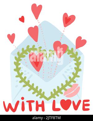 Lettera d'amore aperta con simboli del cuore. Adesivo romantico carino Illustrazione Vettoriale