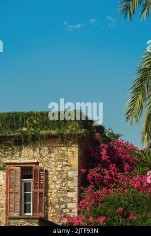 Pietra costruito vecchio dettaglio casa con persiane in legno decaduto e bouganvillea fiorito a lato, contro il cielo blu. Foto Stock