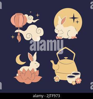 Elementi piatti per celebrare la festa di metà autunno illustrazione Vector Illustrazione Vettoriale