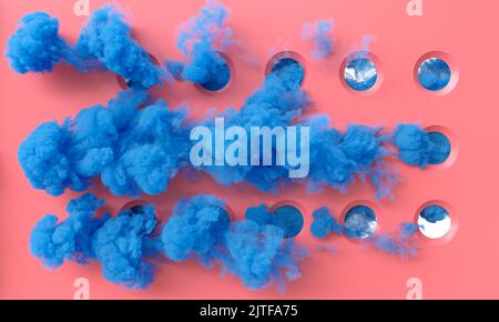 fumo di nuvola blu su sfondo rosa con fori circolari. rendering 3d Foto Stock