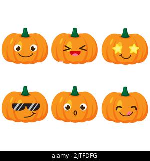 Set di emoji di zucca. Icone stile Kawaii, personaggi vegetali. Illustrazione vettoriale in stile cartoon flat. Set di divertenti sorrisi o emoticon. Bene Illustrazione Vettoriale