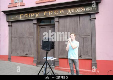 Ballycastle, Regno Unito. 30 agosto 2022. Giovane che canta fuori dal vecchio negozio di antiquariato, chiude il giorno della fiera più antica d'Irlanda nella città costiera di Ballycastle sulla costa nord di Antrim, concludendo un fine settimana di contrattazione in banca e un programma ricco di intrattenimento, cucina locale e internazionale alla fiera di Ould Lammas. Crediti: Steve Nimmons/Alamy Live News Foto Stock