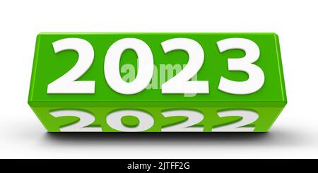 Il cubo verde (cuboide) con cambiamento 2023-2022 su una tavola bianca rappresenta la nuova rappresentazione tridimensionale 2023, illustrazione 3D Foto Stock