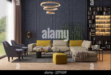 elegante soggiorno-biblioteca con libreria, nei toni del grigio, un morbido divano giallo, un tavolino da caffè, edera verde, una parete con modanature. 3d resa di vivere r Foto Stock