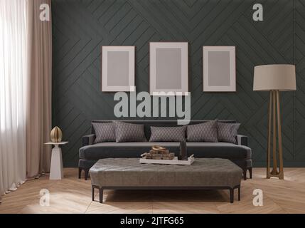 divano nel soggiorno con finestra, quadro e moquette, parete gialla. rendering 3d Foto Stock