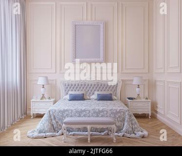 Camera da letto con finestra in colori pastello, classica, con letto matrimoniale, comodino, quadri. 3D camera da letto rendering Foto Stock