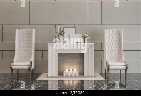 illustrazione 3d. Elegante soggiorno, lobby, ristorante con camino e pavimento in marmo, due poltrone, pittura, candele. 3d rendering di stanza. Foto Stock