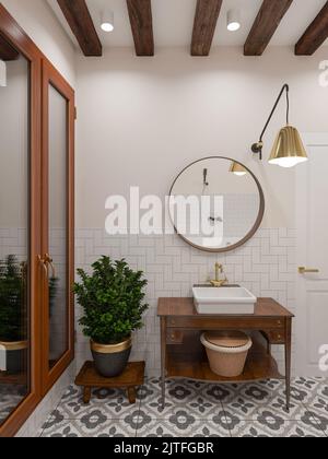 illustrazione 3d. Elegante bagno con wc e lavabo, pavimento in piastrelle ornate, motivi di colore grigio, travi in legno sul soffitto. Foto Stock