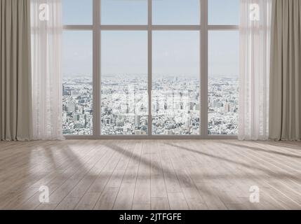 Rendering 3D. Vista frontale dello skyline della città dalla soleggiata e spaziosa sala vuota con pavimento in legno e posto per la presentazione. Foto Stock