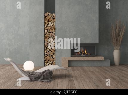 rendering 3d. Interno di un moderno soggiorno con pareti grigie, pavimento in legno, camino e poltrona. illustrazione 3d Foto Stock