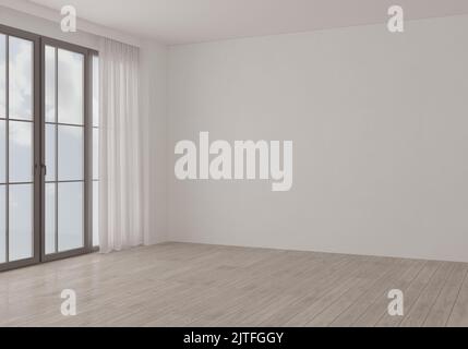 Illustrazione 3D. Bianco vuoto scandinavo camera interna con pavimento in legno e grande parete. Vista cielo, finestra panoramica. Interno sfondo. Foto Stock