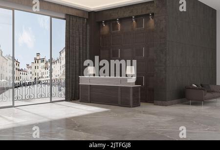 3d rendering di interni moderni per ufficio. Hall con reception. Hall moderna con tavolo da ricevimento e vista sulla città. illustrazione 3d. Foto Stock