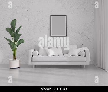 rendering 3d. Soggiorno bianco minimalista con divano bianco e pianta verde. Design degli interni scandinavo. Illustrazione 3D Foto Stock