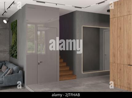 illustrazione 3d. Interni moderni di soggiorno-cucina di casa privata in toni di grigio scuro, fitopaining, fitowall. Gruppo d'ingresso. rendering 3d. Foto Stock