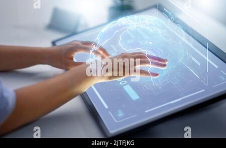 tablet leggero a led con ologramma di terra Foto Stock