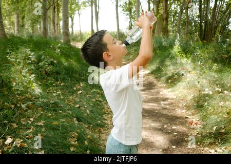 bambini beve acqua in bottiglia durante un'escursione nella natura. Idratazione in estate calda Foto Stock