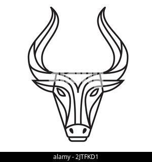 Logo a testa tonda in stile lineare isolato su sfondo bianco. Illustrazione grafica vettoriale di toro, bue o bufalo Illustrazione Vettoriale