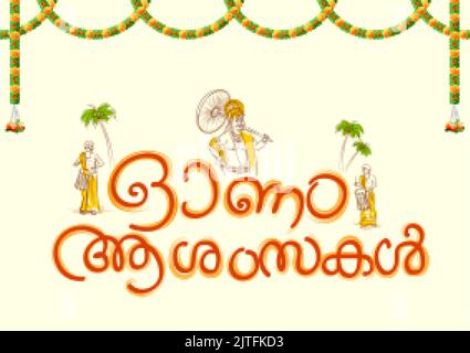 Onam sfondo celebrazione per felice Onam festival del Sud India Kerala Illustrazione Vettoriale