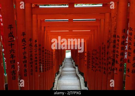 Un vivido tunnel di porte rosse di Torii fieggiano le scale di pietra che conducono al santuario di Hie Jinja a Nagatacho, Chiyoda, Tokyo, Giappone. Il santuario Shintoista è uno dei tre santuari principali di Tokyo. Foto Stock