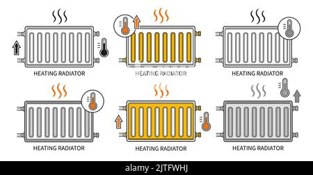 Batteria del radiatore di riscaldamento, riscaldatore a parete, impianto di riscaldamento centrale, icona della linea di convettore dell'olio. Elettrico, acqua calda pannello, termico casa vettore Illustrazione Vettoriale