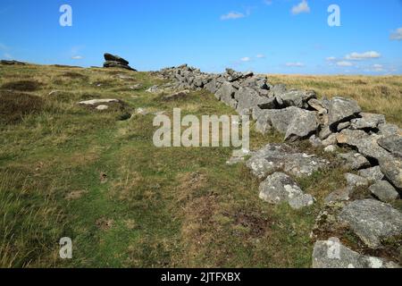 Irishman;s muro e la pietra Logan su Belstone Tor, Dartmoor, Devon, Inghilterra, UK Foto Stock