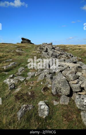 Irishman;s muro e la pietra Logan su Belstone Tor, Dartmoor, Devon, Inghilterra, UK Foto Stock