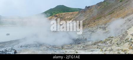 Scarico idrotermale fumante sulla riva del lago caldo nella caldera del vulcano Golovnin sull'isola di Kunashir Foto Stock
