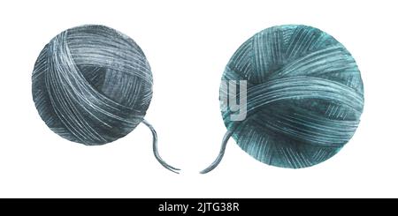 Palle di filo, filati di colore grigio e blu. Illustrazione acquerello. Oggetti isolati da una grande serie di INVERNO ACCOGLIENTE. Per decorazione, design Foto Stock