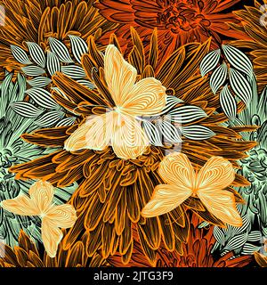 Motivo floreale senza cuciture. Fiori autunnali e farfalle. Illustrazione Vettoriale