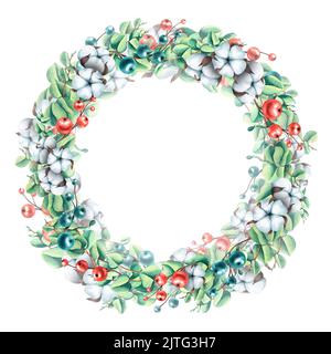 Corona di Natale fatta di rametti di eucalipto, con cotone e bacche. Illustrazione acquerello. Cornice rotonda da un grande set di INVERNO ACCOGLIENTE. Per Foto Stock