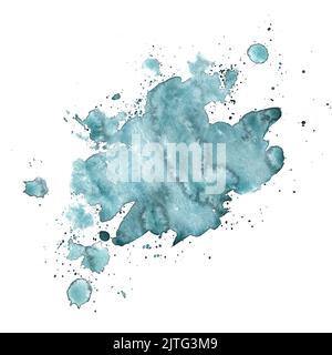 Acquerello punto di turchese, colore blu con spruzzi. Illustrazione. Un oggetto isolato da un set di grandi dimensioni. Per decorazione, design, composizioni Foto Stock