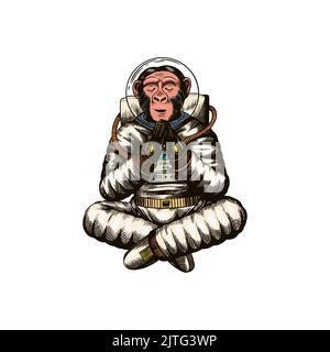 L'astronauta scimmia medita in una posa di yoga. Scimpanzee spaceman cosmonaut personaggio. Animale alla moda. Disegno a mano inciso vecchio schizzo monocromatico Illustrazione Vettoriale