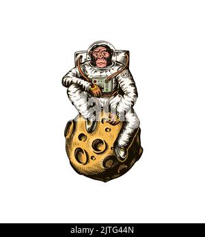 Astronauta scimmia seduto sulla luna. Scimpanzee spaceman cosmonaut. Carattere animale alla moda. Disegno a mano inciso vecchio schizzo monocromatico. Vettore Illustrazione Vettoriale
