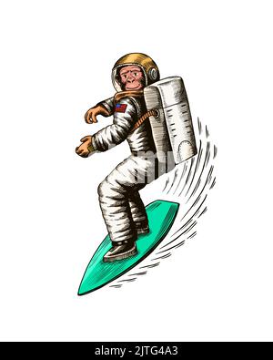 L'astronauta delle scimmie corre su una tavola da surf. Scimpanzé spaceman surfrider. Carattere cosmonauta. Animale alla moda. Vecchia linea di schizzo monocromatica disegnata a mano Illustrazione Vettoriale