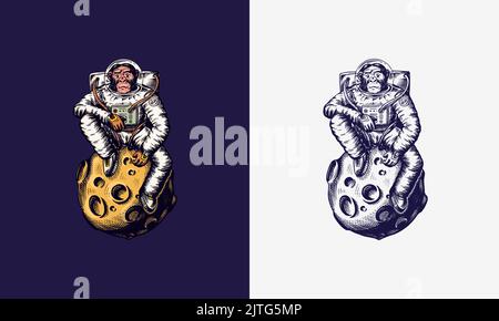 Astronauta scimmia seduto sulla luna. Scimpanzee spaceman cosmonaut. Carattere animale alla moda. Disegno a mano inciso vecchio schizzo monocromatico. Vettore Illustrazione Vettoriale