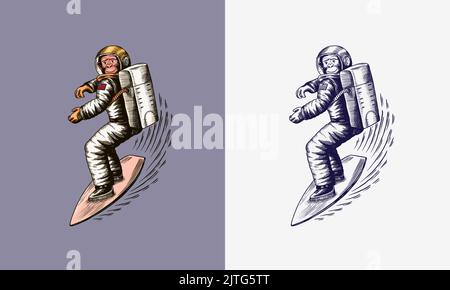 L'astronauta delle scimmie corre su una tavola da surf. Scimpanzé spaceman surfrider. Carattere cosmonauta. Animale alla moda. Vecchia linea di schizzo monocromatica disegnata a mano Illustrazione Vettoriale