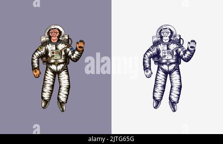 Astronauta scimmia che agitava la mano. Scimpanzee spaceman cosmonaut personaggio. Animale alla moda. Disegno a mano inciso vecchio schizzo monocromatico. Vettore Illustrazione Vettoriale