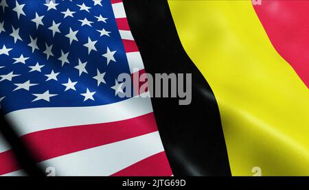 3D ondeggiando Stati Uniti d'America e Belgio fuso Flag Closeup View Foto Stock